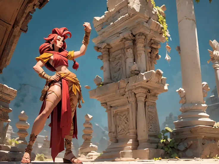 Female Dwarf, very short stature, freckles, long red hair, braides, Mohawk, wide hips, large body, bikini top, yellow bandage dress, harem pants with open slits, monk, fighting pose, large gloves, full body shot, temple ruins