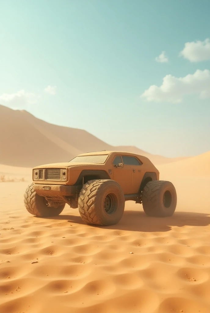 Une image dun véhicule avec un effet cinématographique traversant un désert. Le véhicule a des roues en cube et est recouvert de sable. Le fond est un vaste désert avec des dunes de sable. Le ciel est clair avec quelques nuages. Léclairage est doux.