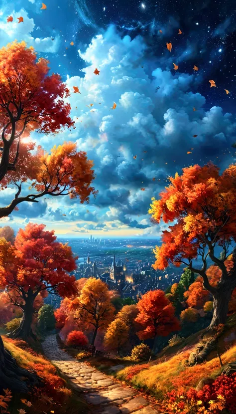 (midjourney：2.0), masterpiece, Best Quality,  High Details ,  Ultra High Definition, a beautiful fantasy landscape in autumn, a night sky with stars, trees turning red, leaves fluttering in the air, looking down on a city from above, huge cloud shadows, a ...