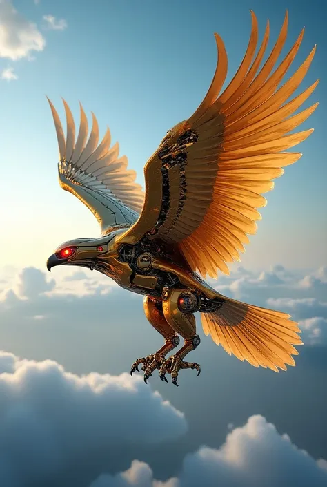 "A majestic robotic eagle with a metallic gold and bronze body, featuring articulated wings that emit a soft neon glow. Its eyes are sharp LED lights, scanning the horizon as it soars through a futuristic sky filled with floating digital platforms and holo...