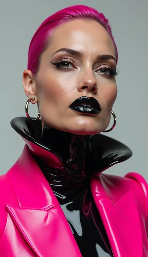 angelina jolie, vue de deux, latex brillant, dominatrice, chemisier en latex blanc, serre taille latex noir, longue jupe trapeze en latex bleu, ceinture latex noir, veste courte futuriste en latex rose fluo, larges épaulettes en latex rose fluo, cuissardes...