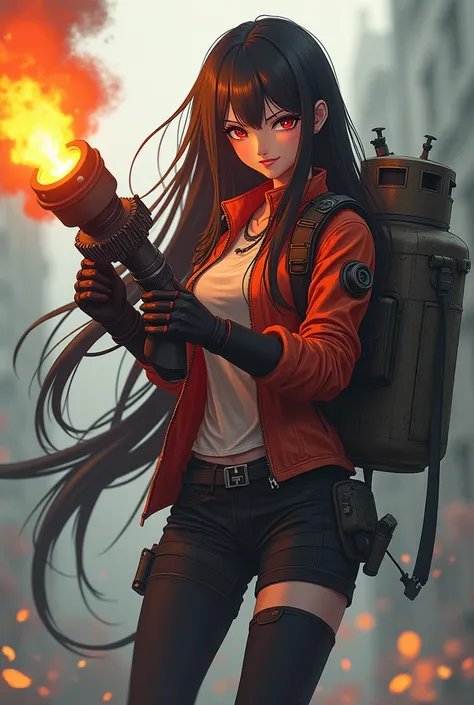 Anime woman large gas  bottle backpack  flame thrower    anime  evil smile 