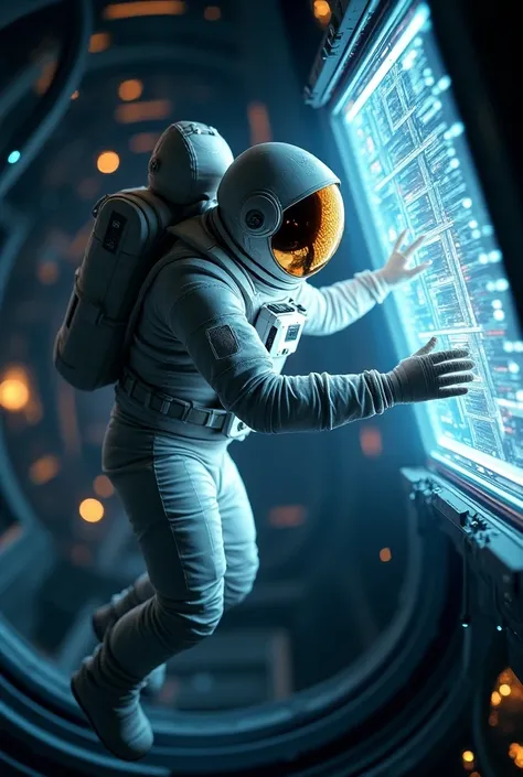  Full body astronaut , Floating,  looking at the screen ,  trying to reach the screen, tech background  