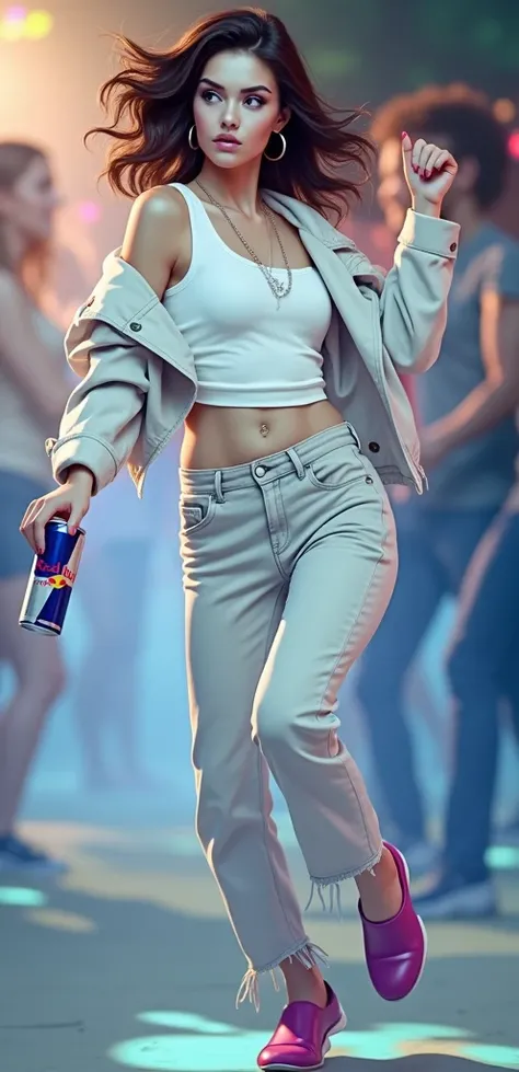 She is dancing in the club and drink redbull 