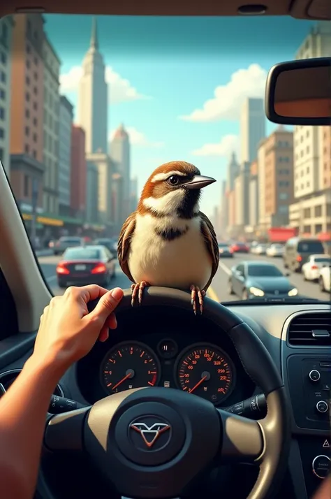 Sparrow driving in traffic 