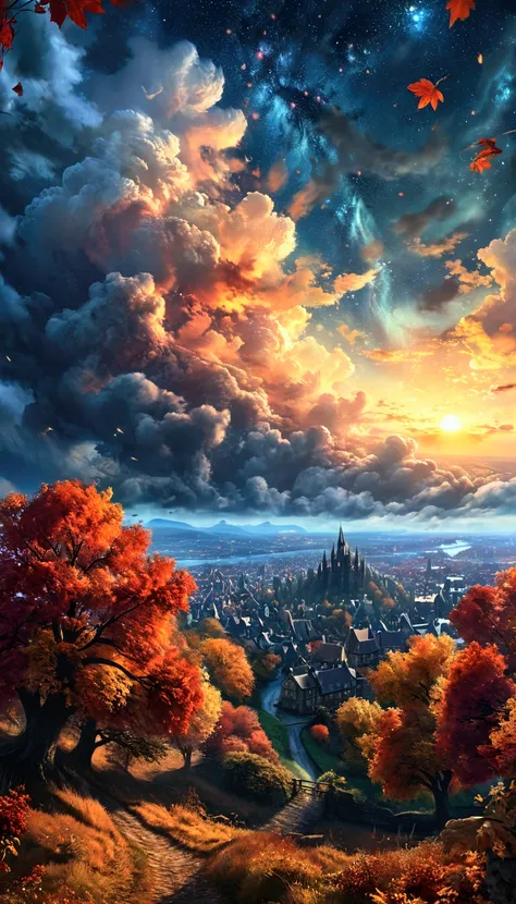 (I&#39;m a journey：2.0), masterpiece, Best Quality,  High Details ,  Ultra High Definition, a beautiful fantasy landscape in autumn, a night sky with stars, trees turning red, leaves fluttering in the air, looking down on a city from above, huge cloud shad...