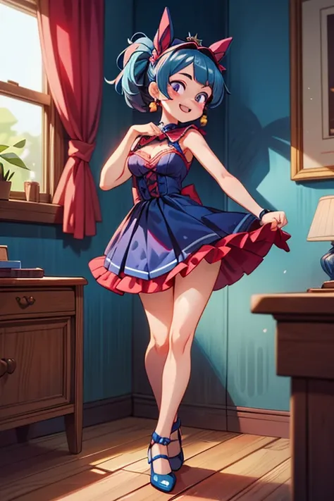 (Masterpiece, best quality) standing indoors with intricate details and sunlight, red frilled dress with short neckline, earrings, midnight blue shoes, diadema, midnight blue hair, two ponytails, violet eyes, mischievous smile, teeth showing, bad girl, sex...