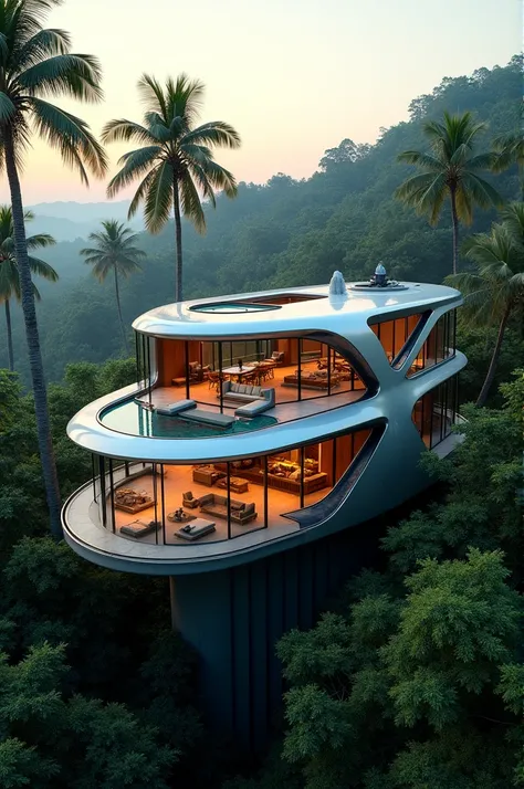 "Design a futuristic villa in the shape of a sleek, luxury hypercar with angular, aerodynamic curves. The villa should feature large glass windows, glowing ambient lighting along the contours, and an open rooftop lounge for relaxation. It is perched on a p...