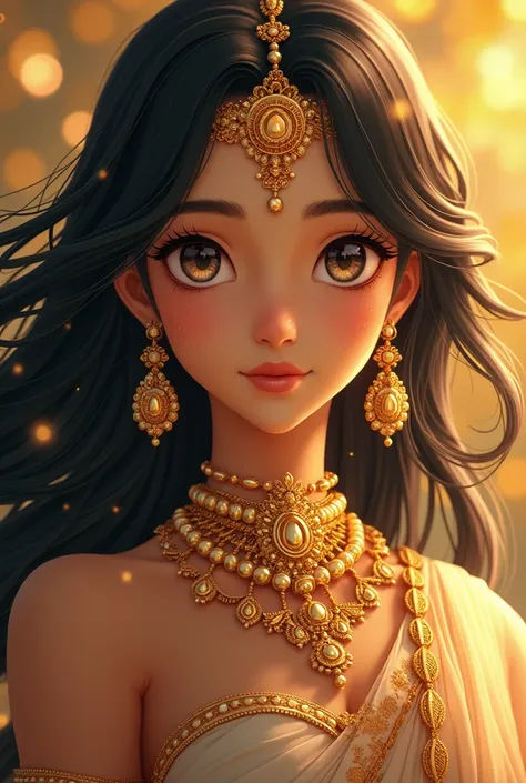 Anime girl, Indian, golden indian jewellery, fine details, cinematic, Thangka style, Miyazaki Hayao Style, Makoto Shinkai, color grading, octane rendering, close up view, MCU, 8K, hyperquality, Tradition Chinese Ink Painting, --ar 9:16