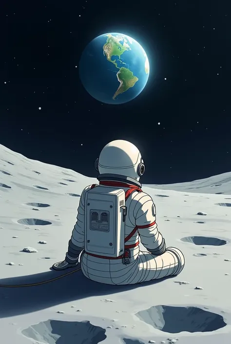 anime astronaught sitting on moon admiring earth 