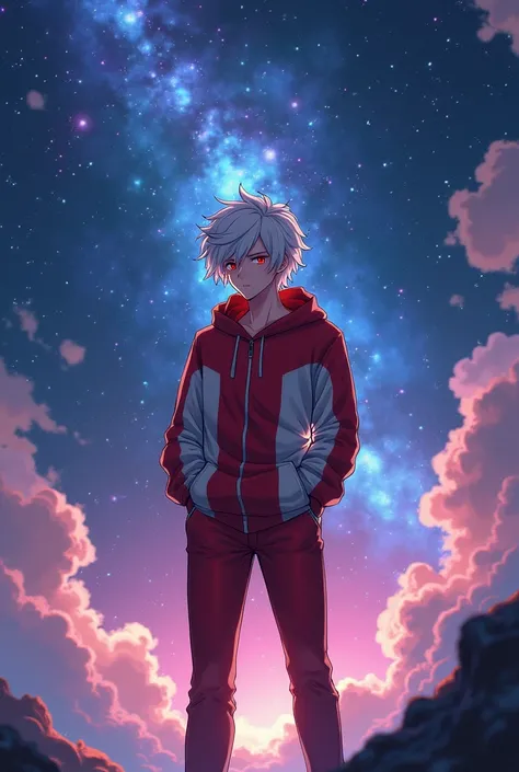 anime, man with slightly long white hair, red eyes, wearing a red and white hoodie, red pants, standing amidst the stars in space, Not looking at the camera