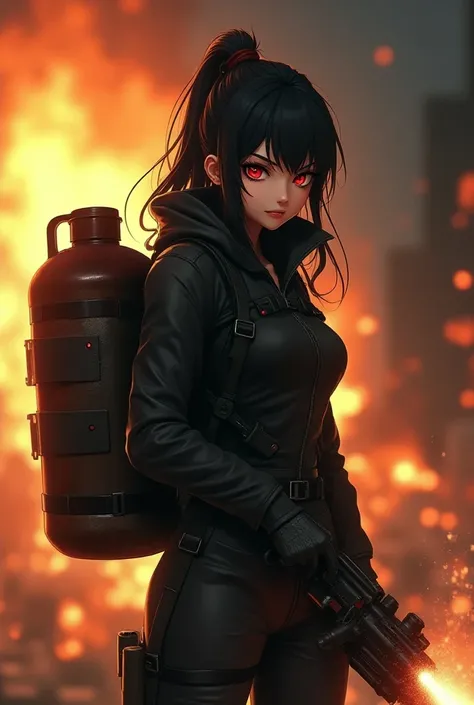 Criminal Anime woman large gas  bottle backpack  flame thrower    anime  evil smile 