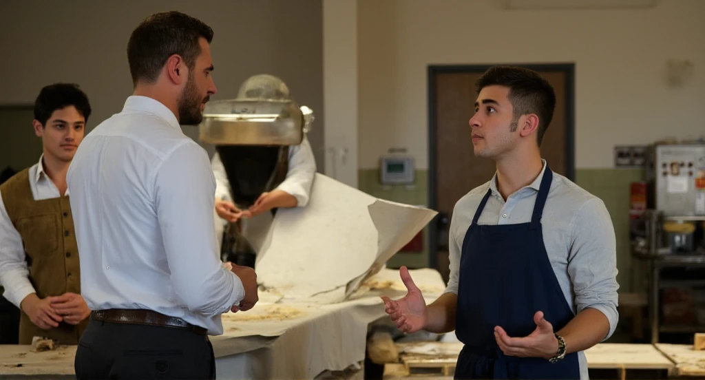  young baker without a beard talking to his boss face to face, He proposes a new job , realistic, real life, I don&#39;t draw,  photography