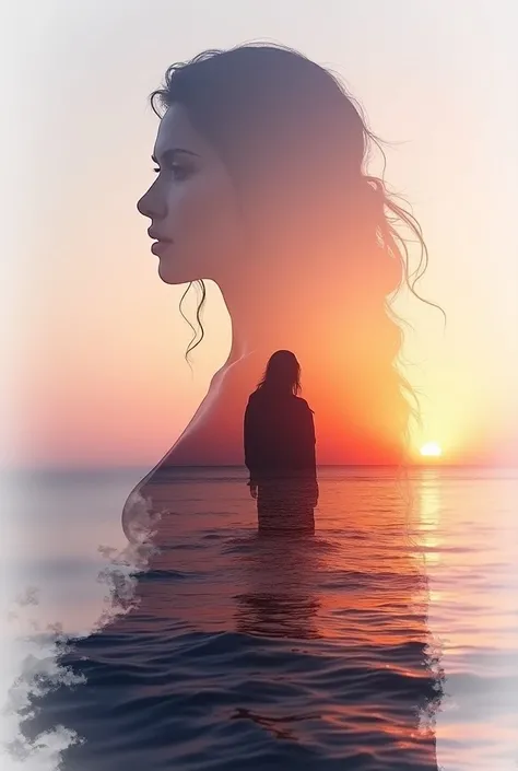 high quality, 8K Ultra HD, A beautiful double exposure that combines an goddess silhouette with sunset coast, sunset coast should serve as the underlying backdrop, with its details incorporated into the goddess , crisp lines, The background is monochrome, ...