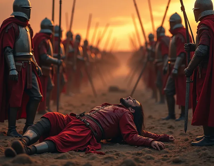 A person is thrown to the ground on the battlefield. A bloodied person wearing red clothes is a brave soldier around him by the armies of lighting the sunset sun, . Accurate details of weapons and armor ,  realistic historical photography , High-resolution...