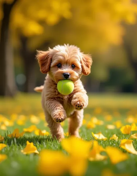 High image quality、Precise depiction、 REAL PICTURES。 Unpicturesque 。Real photo。 The lawn is filled with countless yellow ginkgo leaves 。 A cute toy poodle puppy with brown fur jumps very happily and catches a green tennis ball with its mouth。