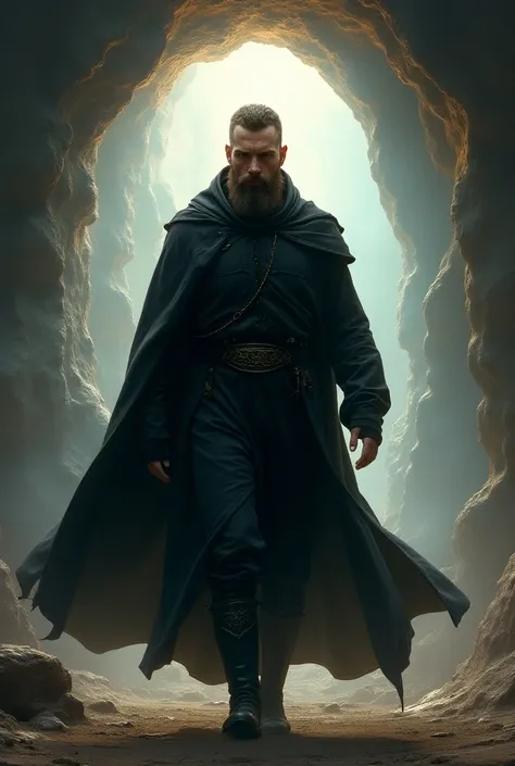 A man with a short brown beard and short brown hair, wearing all black high fantasy clothes, walking through time and space, like a portal