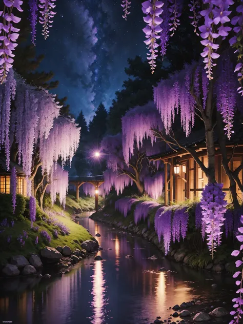 Colour full artwork, wisteria forest, night sky, close to river