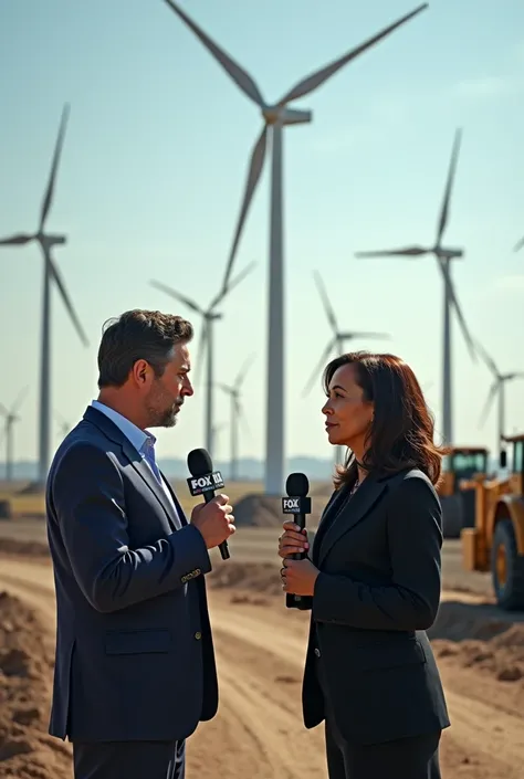 Fox News worker with Kamala Harris wind turbines with cunstution workers in the background 