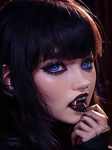 Sexy and aggressive vampire , growling showing affiliated fangs,  blue eyes and dark makeup cute face looking at the viewer big exposed breasts 