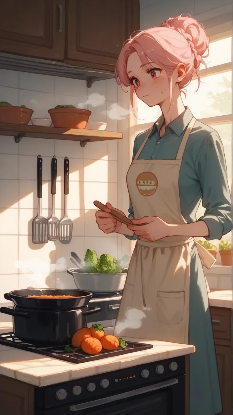 The light in the kitchen is bright and warm，The cabinet is made of wood，Exudes a faint sheen。
The beauty is wearing an apron with cute patterns，The apron is light pink，There are pockets with kitchen utensils。
She is busy in front of the stove，The pot is co...