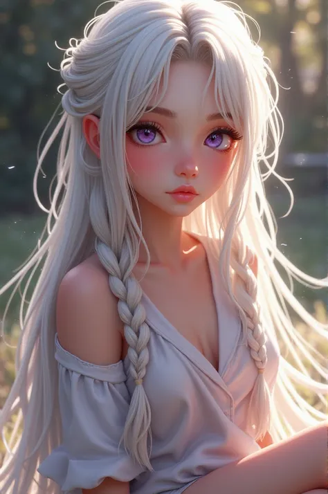  A beautiful girl with adorable features with white hair in long braids and purple eyes, wearing comfortable clothes 