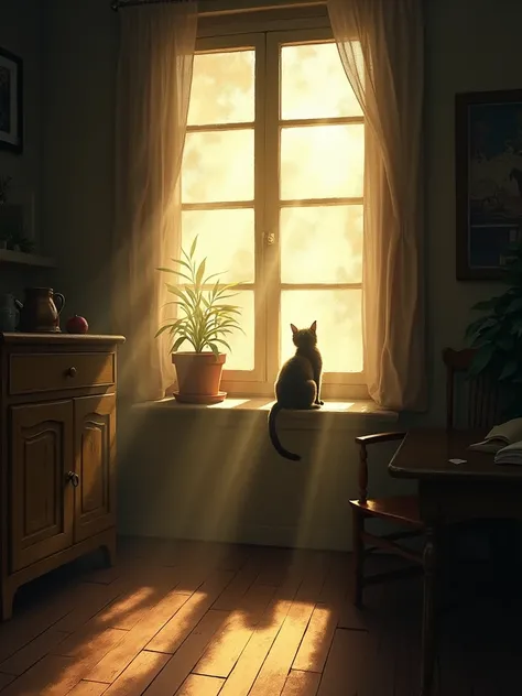 "A cozy, dimly lit room with sun rays streaming through a dusty window, illuminating a lone cat sitting on the window sill. The beams of light create a dramatic, nostalgic ambiance, enhancing the texture of the wooden floor and the tranquility of the scene...