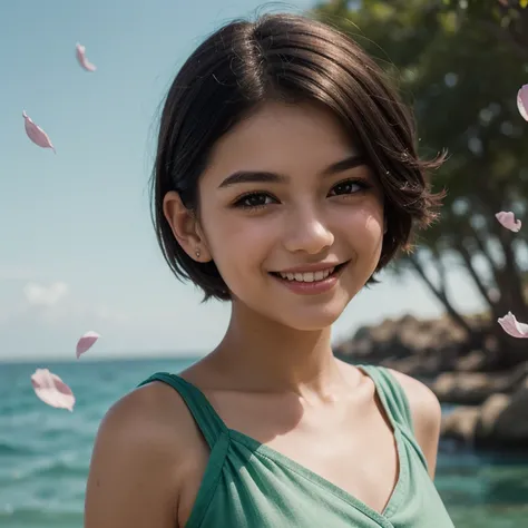 One beautiful and delicate portrait of a playful cute young woman with short boyish hair, black hair, emerald green sea, mischievous smile, dancing petals, (top quality, masterpiece, ultra-realistic) and petals floating in the background