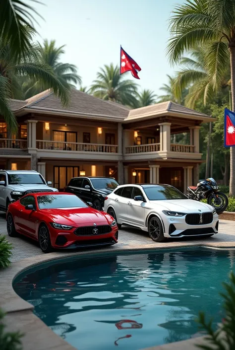 Luxurious house and bmw s1000rr black colour and i phone 16 and gt mustang red Colour and Swimming pool￼ and ￼Rolls Royal￼ white colour and nepal fleg And White Fortuner￼￼