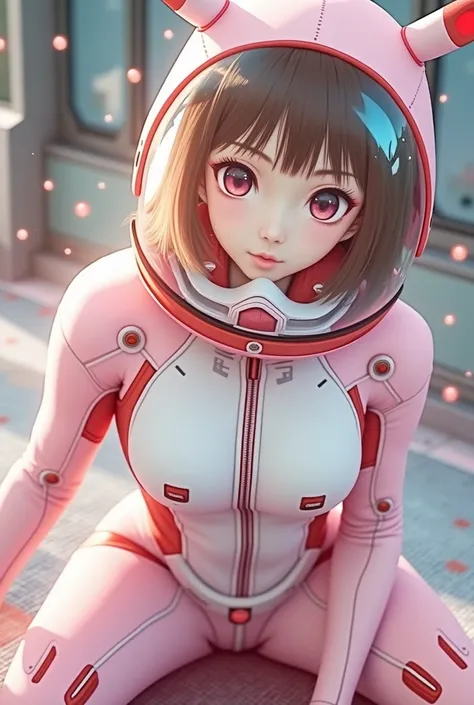 (wide lens effect), (Asuka Plugsuit, eva helm,plugsuit, pink  bodysuit, big bubble helmet,fondo laboratorio científico experimental robotic , Spacesuit, full body,(Cute Japanese girl , 20-year-old), pink helmet,red helmet, space helme, (pikachu ears:1.5), ...