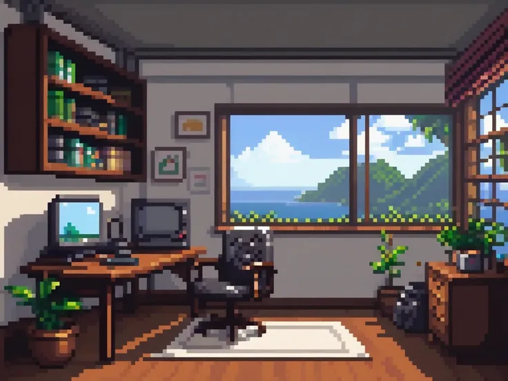 Pixel art,  with a camera on the desk, The room is simple 