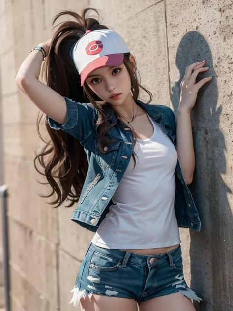 hilda, cap, desnuda,  Slim Body Coats,  small bust, denim shorts,  full body , leaning against the wall,