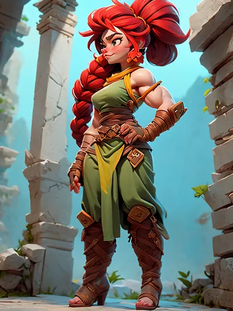 Female fantasy Dwarf, short stature, stocky build, muscular, pretty, freckles, long red hair, braides, wide hips, large body, yellow bandage dress, wide pants with slits, fighting pose, large gloves, large boots, full body shot, temple ruins