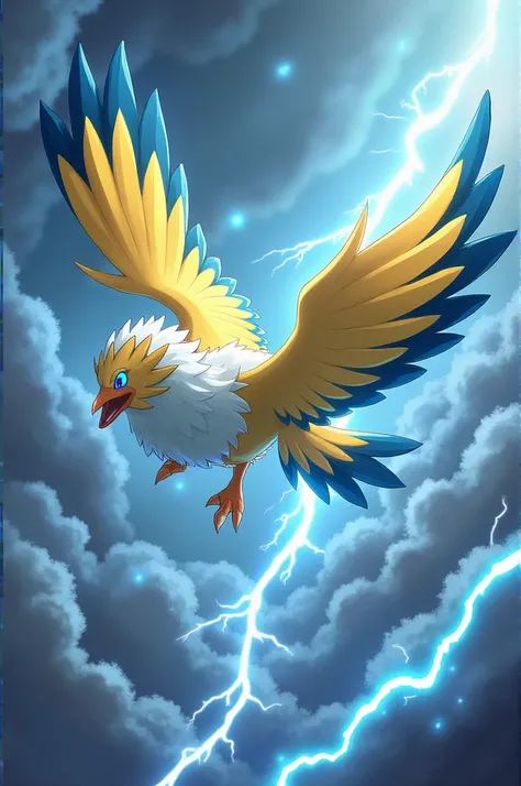 Create a drawing of a majestic legendary electric flying type bird pokemon named vortexes.with yellow and white feathers and navy blue ends of the wings with electric light blue eyes with a cloud like body and a storm swirling around it