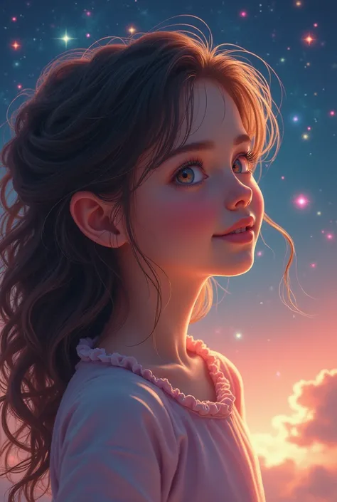  high detail, Super detailed,  super high definition, A girl having a good time in a dream galaxy, Surrounded by stars, The warm light that shines on her,  The background is a starry sky with colorful galaxies and galaxy clouds, The flying stars surroundin...