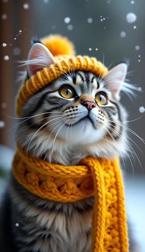  A pretty fluffy Scottish cat in a yellow hat and a yellow scarf close-up, the cat can be seen raised to the waist, vnrh looks at the flying snowflakes 