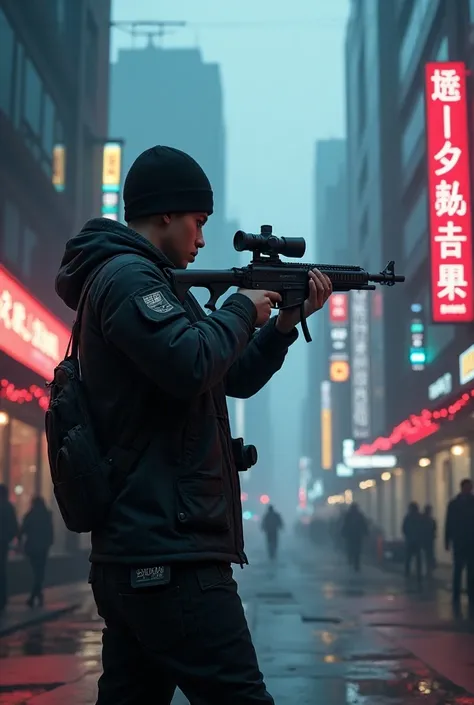 A young man dressed in cyberpunk clothes is aiming at a sniper.