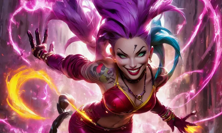 DC villain Jinx (sexy classic Jinx costume, outlandish comic theming, evil smile) is teasing the viewer, energy swirls around one hand. Streets of New York
