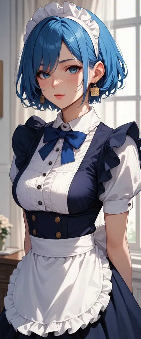 Score_9, Score_8_up, Score_7_up, Score_6_up, Score_5_up, Score_4_up, Source_anime, Tag1, Tag2, Quality_masterpiece, Anatomically correct, Highly detailed , 1girl, maid, blue hair, short hair, 