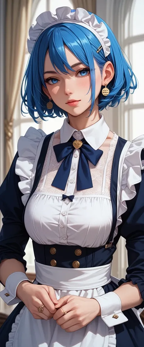 Score_9, Score_8_up, Score_7_up, Score_6_up, Score_5_up, Score_4_up, Source_anime, Tag1, Tag2, Quality_masterpiece, Anatomically correct, Highly detailed , 1girl, maid, blue hair, short hair, 