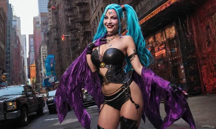 DC villain Jinx (sexy classic Jinx costume, outlandish comic theming, evil smile) is teasing the viewer, energy swirls around one hand. Streets of New York
