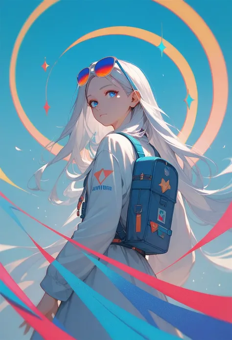 score_9, score_8_up, score_7_up, (masterpiece, UHD, 8K, 16K, ultra detailed), from behind, 1girl, long hair, silver hair, wearing a colorful sunglasses, blue eyes, beautiful eyes, wearing a backpack, looking at the viewer, bedroom background, a magic porta...