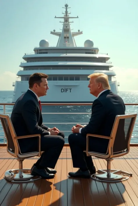 Musk and Trump sit on a cruise ship with DFTs name written on it