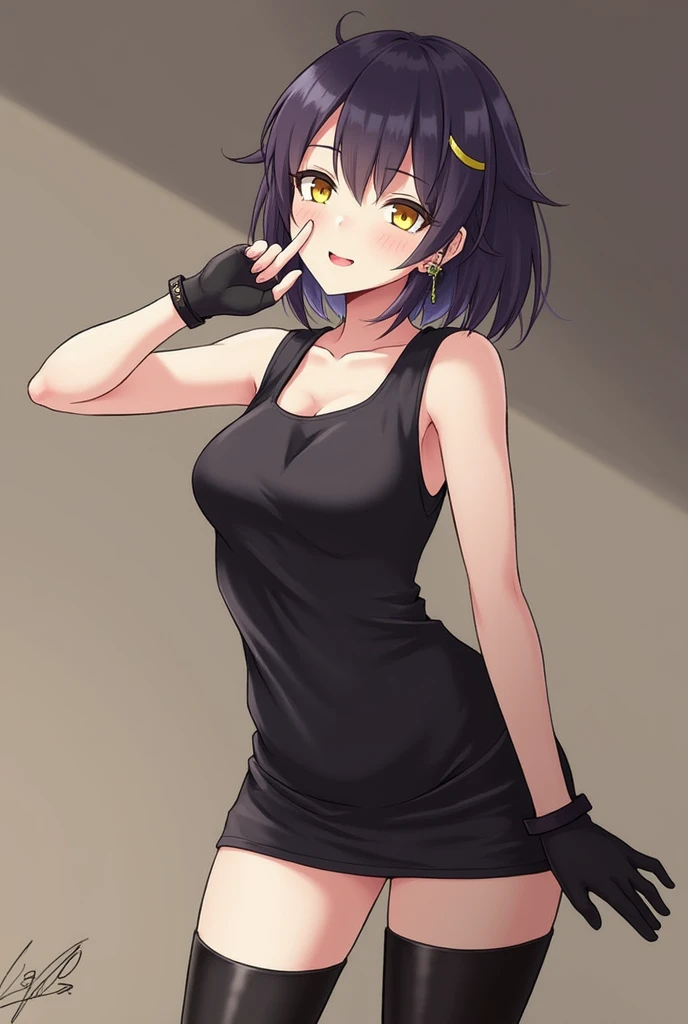 , gloves, bare shoulders, dress, black gloves, yellow eyes, hair ornament, thighhighs, short hair, long hair, fingerless gloves, jewelry, earrings, black footwear, black clothes, sideboob, sleeveless, skimpy , cum dumpster 