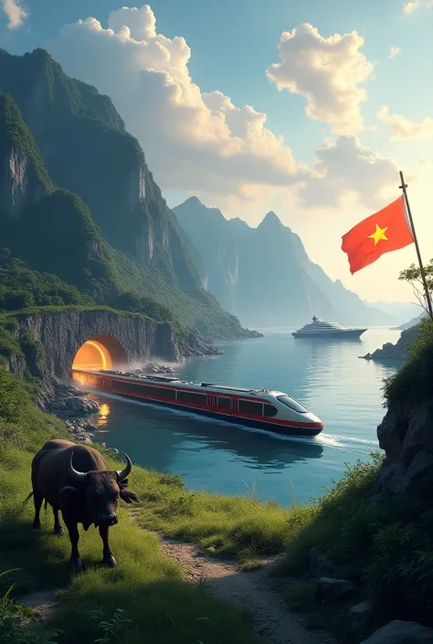 High Speed Rail Train,  running through the tunnel ,  with a picture of a Vietnamese mountain , beautiful light ,  an image of a modern ship rushing by,  the head of the ship has the Vietnamese flag printed on it, there is a buffalo eating grass 
