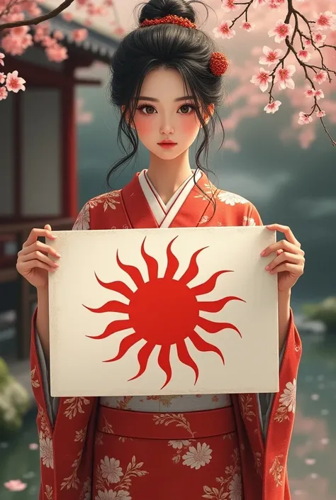 Japanese girl in kimono with a sign saying "rising sun flag"