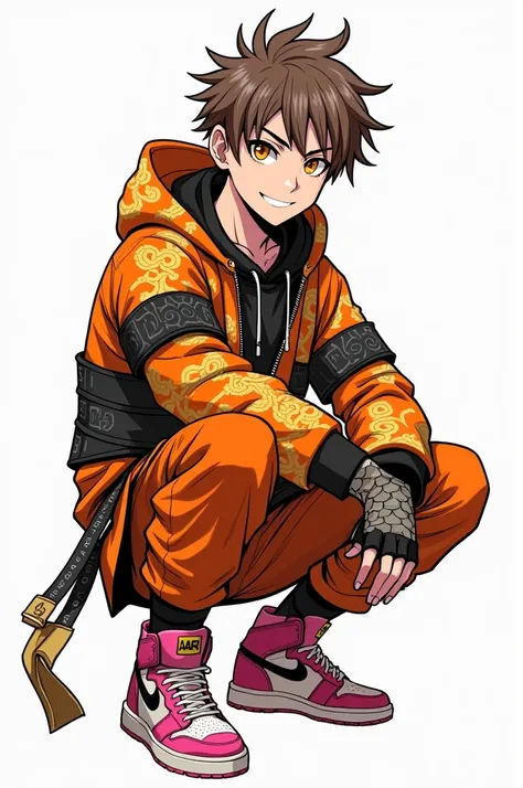 Create an image, maximum contrast ,realistically, cartoon stripes, black and white manga ,Cool handsome guy., brown hair ends, white hair ends ,Transparent yellow eyes ,smile, Wearing orange samurai armor with gold patterns, Wearing fashionable pink sneake...