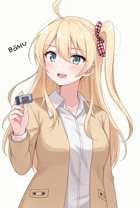 1 , open mouth, blue eyes, castanho jacket, Blonde hair,  high resolution image,  best quality ,  long hair,  Big breasts , toys, Language,  plain background, Hair bow,  Lines of motion , Illustration, 