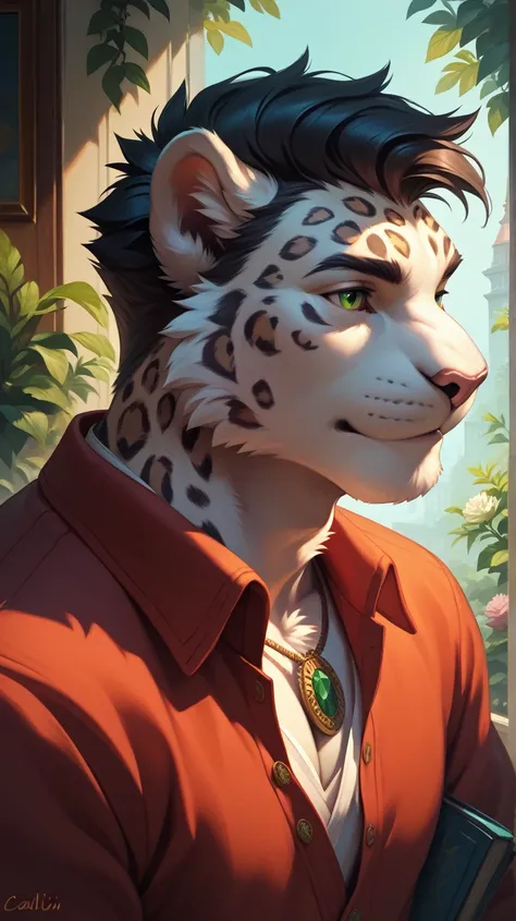 ( alone),(( best quality)), ((masterpiece)), ( detailed), upper body, male anthropomorphic leopard,  white fur , White skin, white fur , short black hair , Green Eyes,Calm, mature, Casual wear,  MUSCLE ,