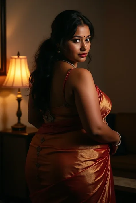 Photo of Indian mature aunty with dusky skin, slightly chubby body,Showing large Cleavage, Hair tied behind, Dim light in the room. Beautiful face, beautiful eyes, attractive legs, goddess.retro look, detailed dark skin, humping, in saree ,from back, attra...